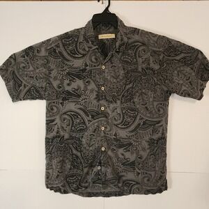 C71  Tommy Bahama Mens Silk Short Sleeve Button Down‎ Grey Paisley Print Size L